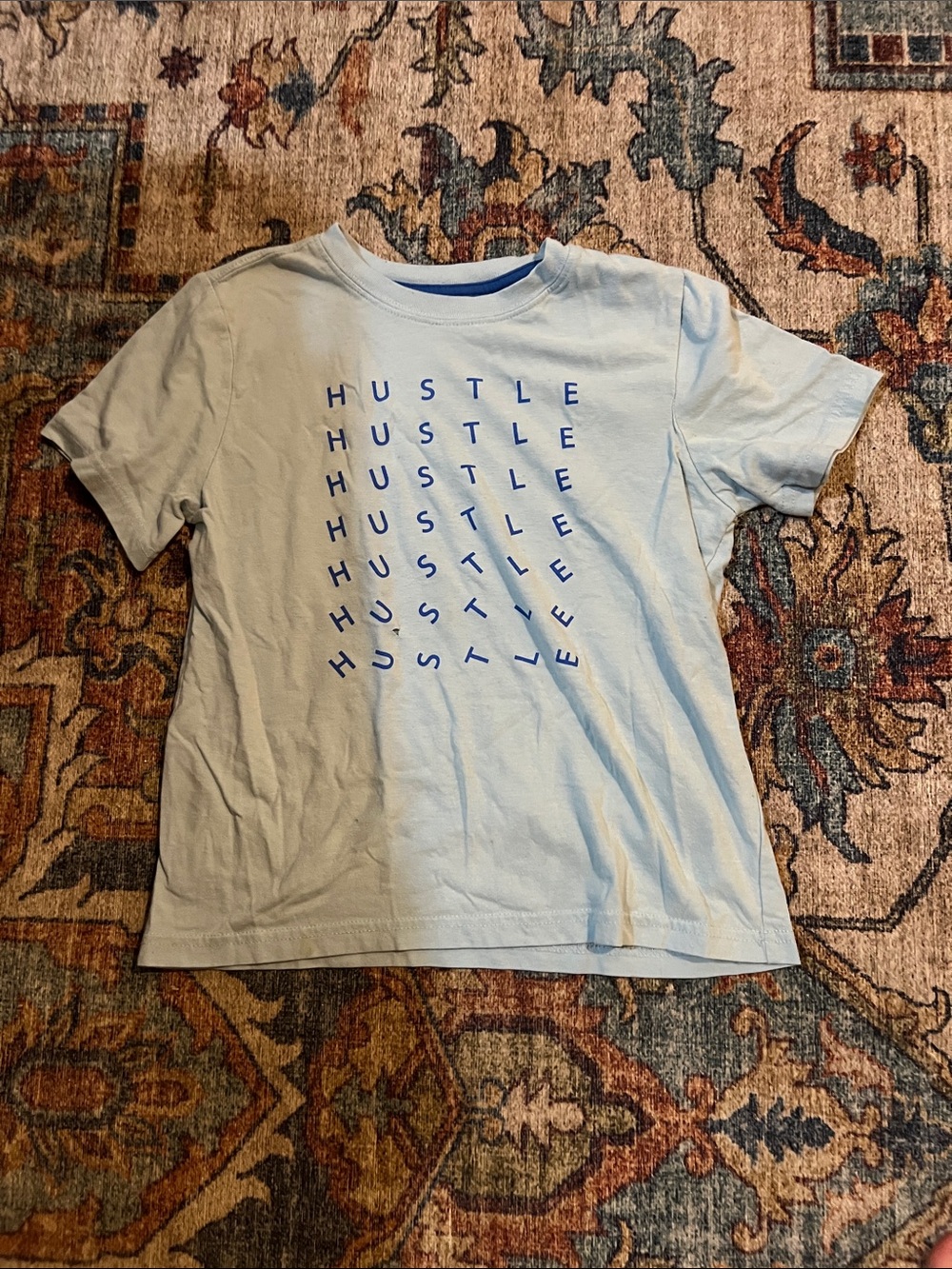Xersion Light Blue Short Sleeve Tee with Blue 'HUSTLE' Repeat Graphic